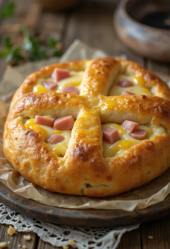 Bannock sajttal és sonkával, frissen sült, ropogós, kívül aranybarna