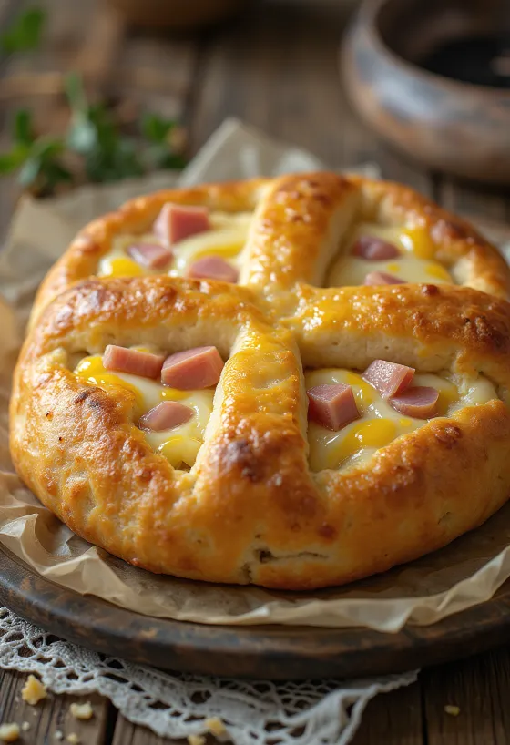 Bannock sajttal és sonkával, frissen sült, ropogós, kívül aranybarna