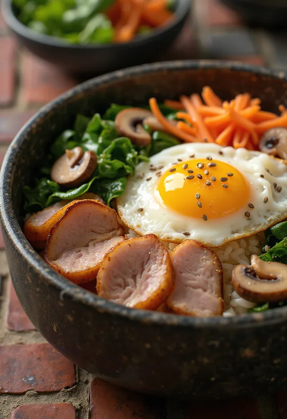 Bibimbap sertéshússal, koreai tálas étel rizs és zöldségek kíséretében