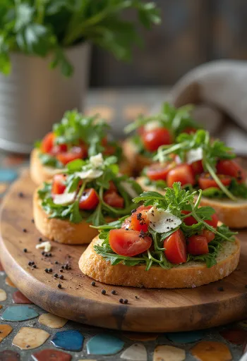 Bruschetta rukkolával és parmezánnal, tálalva frissen