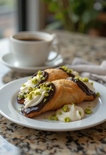 Cannoli csokoládéba mártott végekkel, pisztáciával megszórva, finom ricottás töltelékkel