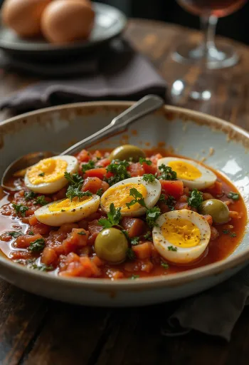 Caponata Agrigentói stílusban tálalva, gazdag színes zöldségekkel és olívabogyóval.
