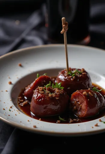 Chistorra con vino Pedro Ximénez spanyol étel, kolbászdarabok és boros szósz a serpenyőben