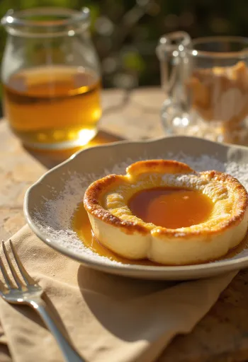 Friss, aranybarna Clafoutis karamellel, tálalva