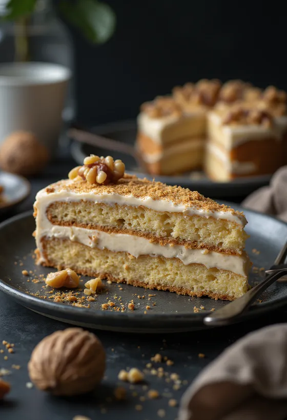 Diókrémes torta tálalva