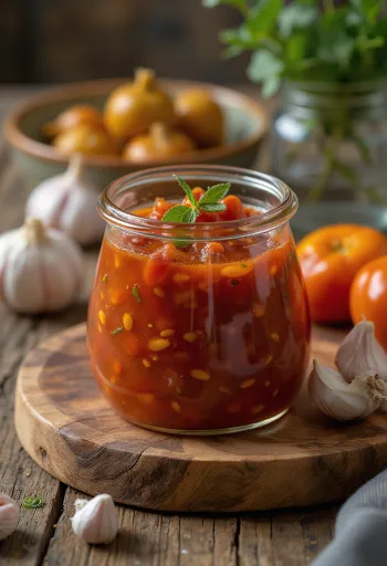 Fokhagymás chiliszósz tálalva