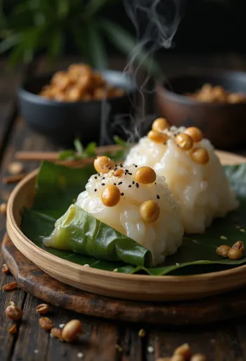 Földimogyorós zongzi, ázsiai étel friss levelekkel tálalva