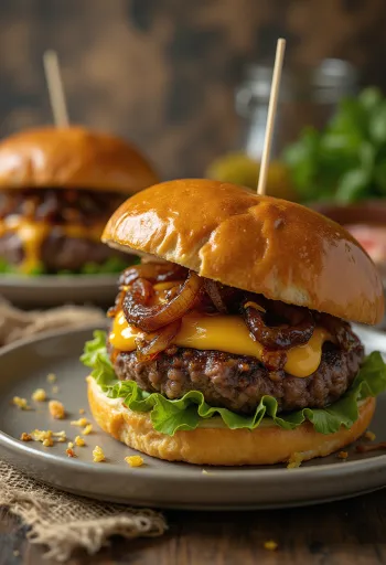 Karamellizált hagymás burger tálalva