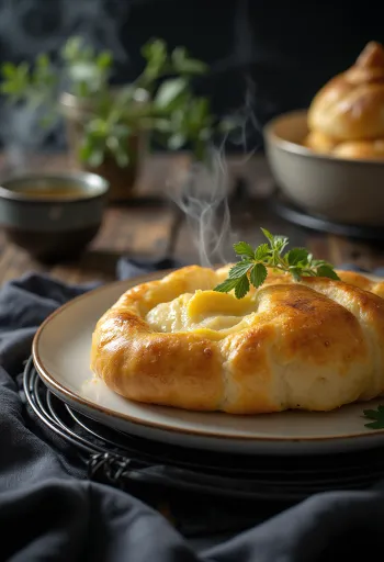 Khachapuri túróval, gazdag sajtos töltelékkel töltött, aranybarna pite