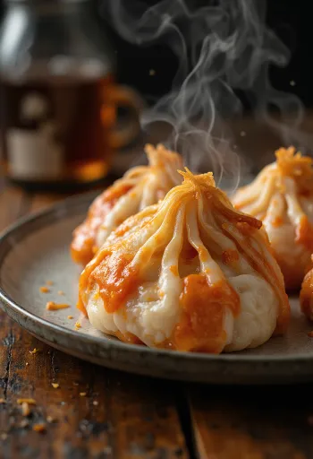 Kimchivel készült zongzi gőzölve tálalva