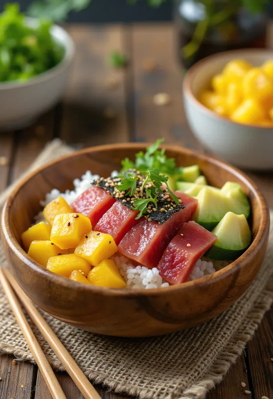Klasszikus Poké bowl, tonhallal, avokádóval, mangóval és friss zöldségekkel