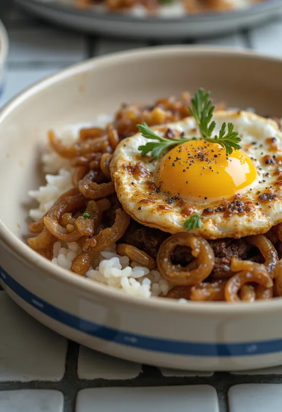 Loco Moco karamellizált hagymával tálalva