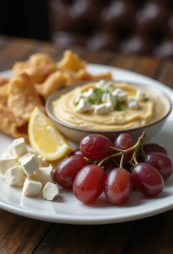 Friss meze tál dolmával, hummusszal, fetasajttal és zöldségekkel tálalva