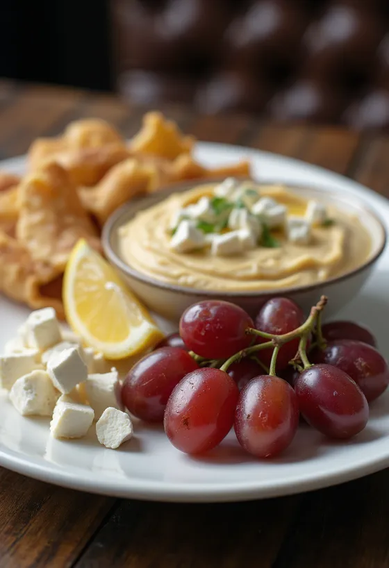 Friss meze tál dolmával, hummusszal, fetasajttal és zöldségekkel tálalva