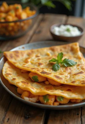 Mysore masala dosa pörkölt burgonyával és friss kókuszreszelékkel tálalva