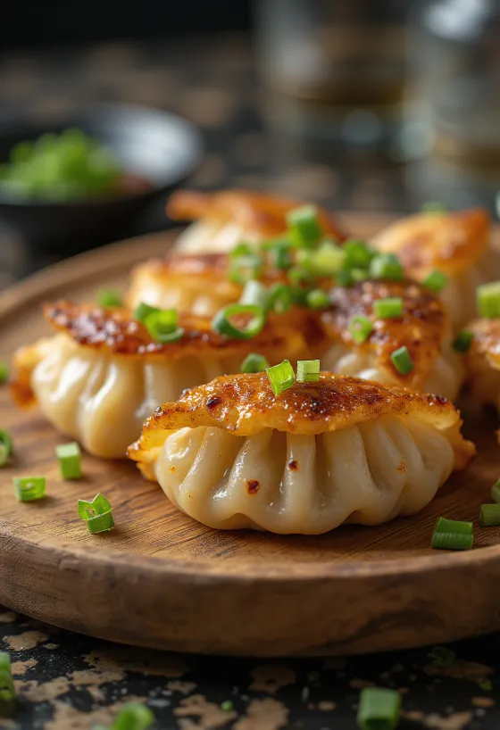 Karamellizált hagymás gyoza aranybarna aljú darabok szójaszószos tálalásban