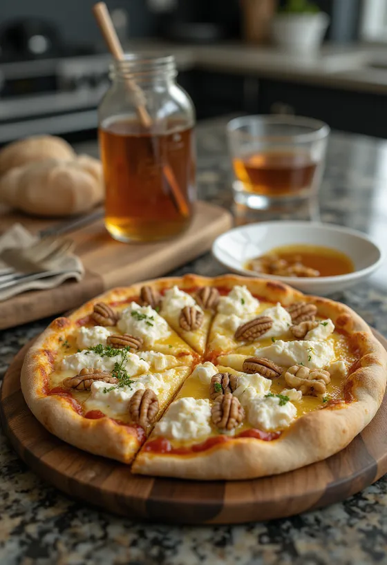 Frissen sült kecskesajtos pizza mézzel és dióval
