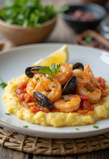 Polenta tenger gyümölcseivel, krémes alap tengeri mix feltéttel tálalva
