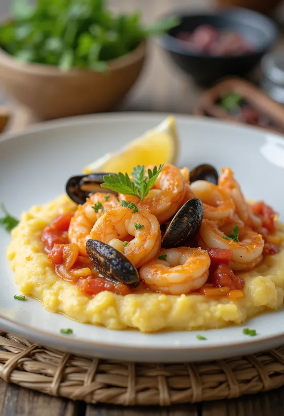 Polenta tenger gyümölcseivel, krémes alap tengeri mix feltéttel tálalva