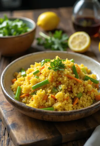 Prebiotikus fűszeres quinoa saláta friss korianderrel és zöldségekkel tálalva