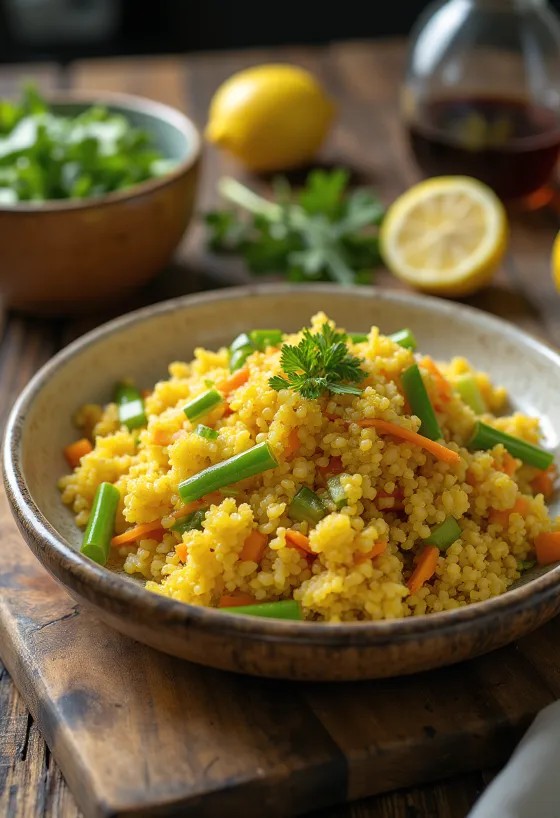 Prebiotikus fűszeres quinoa saláta friss korianderrel és zöldségekkel tálalva