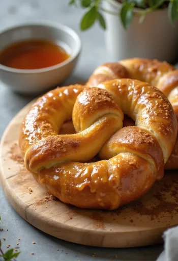 Pretzel juharsziruppal tálalva, gazdag juharsziruppal, kívül ropogós és belül puha.