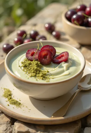 Probiotikus joghurt cseresznyével és matcha porral tálalva
