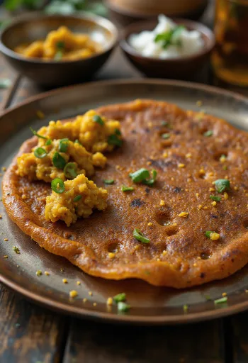 Ragi dosa frissen, ropogósra sütve, fűszeres töltelékkel és kókuszreszelékkel tálalva