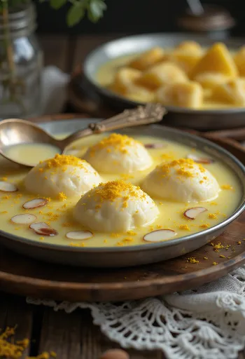 Rasmalai mandulával tálalva, gazdag és krémes indiai desszert