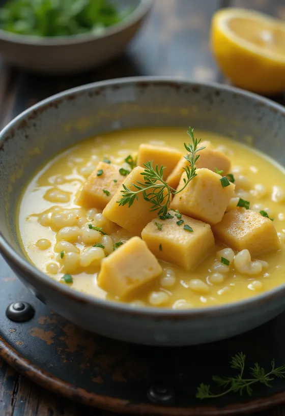 Vegán Avgolemono leves, friss zöldségekkel és tofukockákkal