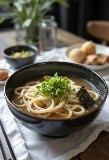 Bukkake udon hideg udon tésztával, dashi levesben, friss zöldségekkel