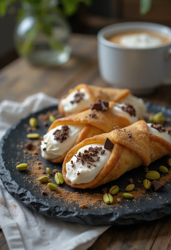 Cannoli fahéjas töltelékkel díszítve, pisztáciával és étcsokoládéval