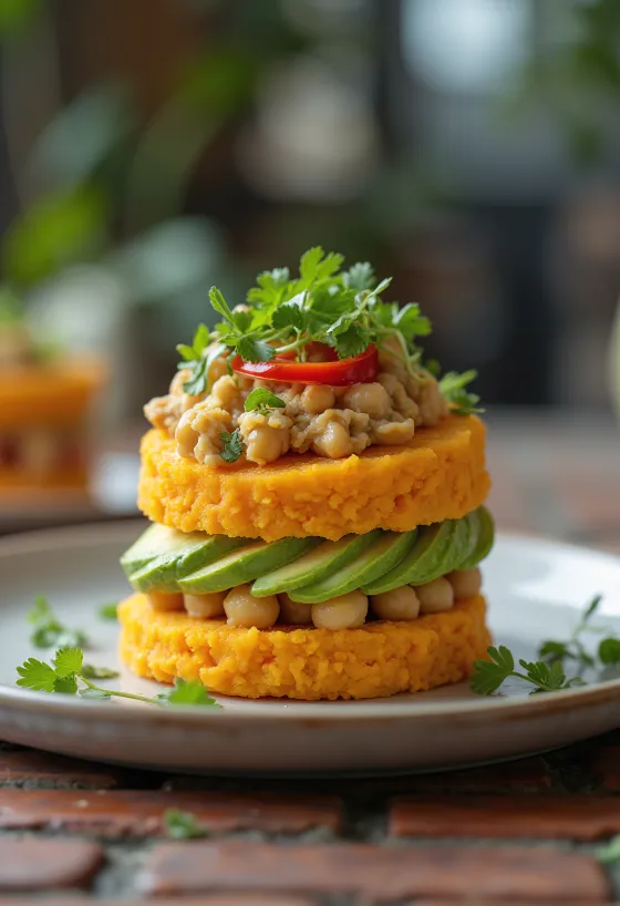 Causa vegana, tálalva avokádóval és friss korianderrel