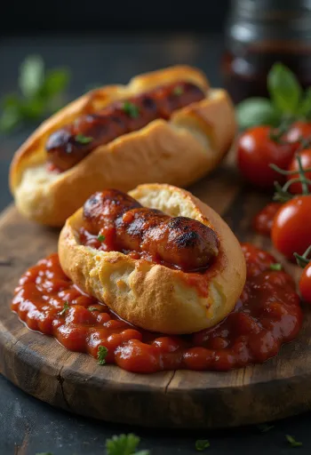Choripán paradicsomos szósszal, gazdag kolbászos és fűszeres étel, friss bazsalikommal tálalva