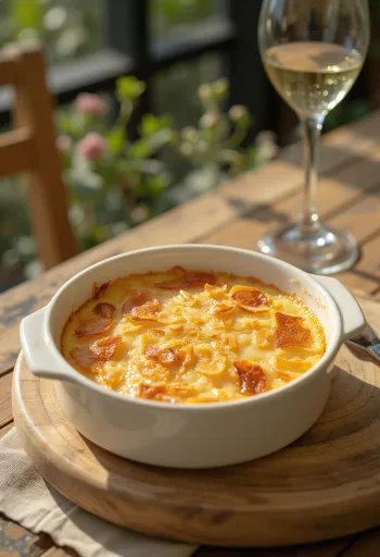 Friss, aranybarna Clafoutis kókuszreszelékkel, tálalva