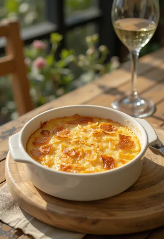 Friss, aranybarna Clafoutis kókuszreszelékkel, tálalva