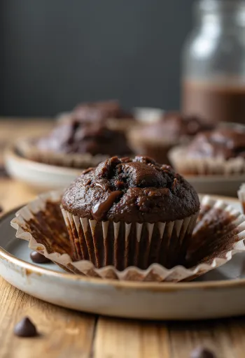 Csokoládés muffin aranybarnára sütve, csokoládédarabokkal tálalva