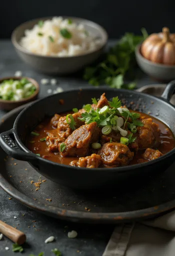 Curry goat fokhagymával, kókusztejjel készítve, friss korianderrel tálalva