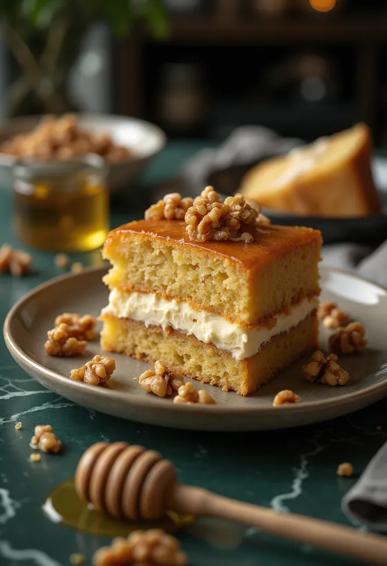 Diós-mézes torta tálalva
