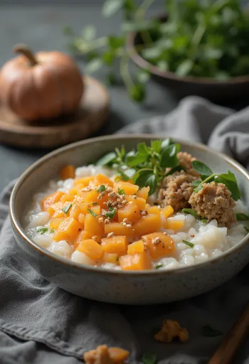 Édesburgonyás Congee, kínai rizs kása édesburgonyával, gyömbérrel és fokhagymával