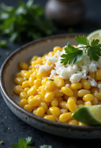 Elote cotija sajttal – friss kukorica cotija sajttal, tejföllel és fűszeres paprikával tálalva