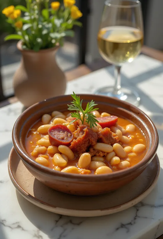 Fabada con lacón tálalva, gazdag füstölt húsokkal és babbal