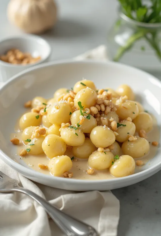 Fenyőmagos gnocchi tálalva