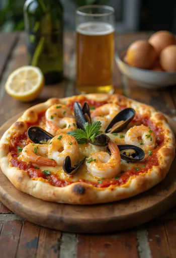 Fokhagymás Frutti di Mare pizza tálalva