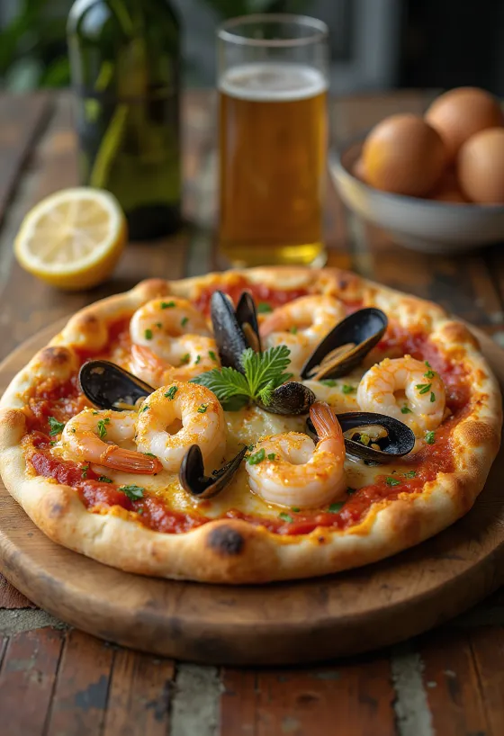 Fokhagymás Frutti di Mare pizza tálalva
