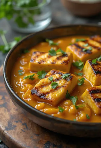 Grillezett tofu curry mártással tálalva