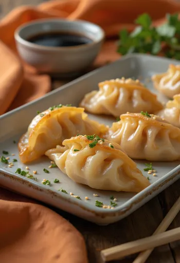 Gyoza garnélával, ropogós tésztában, szezámmaggal és korianderrel tálalva