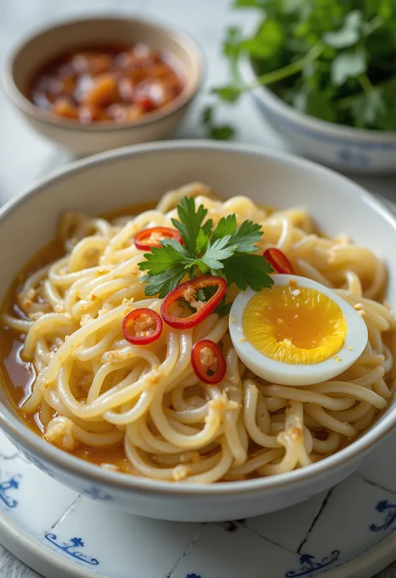 Hủ tiếu fokhagymás olajjal, gazdag ízekkel tálalva friss fűszerekkel