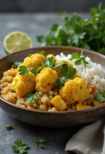 Karfiolos quinoa curry Buddha-tál currys lime tofuval tálalva