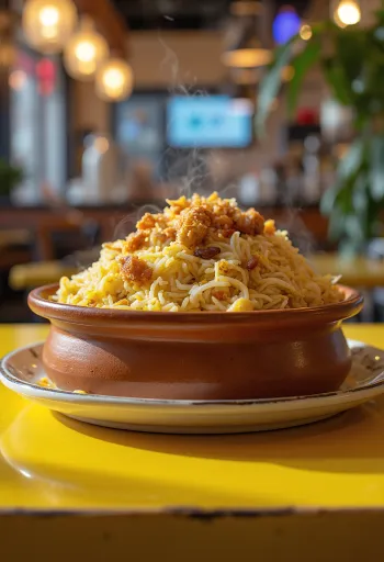 Klasszikus Biryani csirkehússal, friss korianderrel tálalva